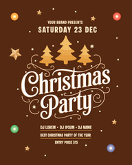 Festive Christmas Party Invitation with Elegant Typography and Decorative Elements Featuring Stylized Trees and Sparkling Ornaments Set Against a Warm Brown Background Promoting Holiday Cheer