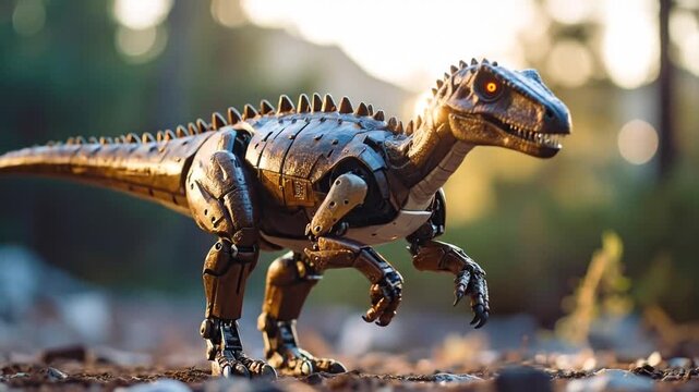 Robotic Dinosaur Walking Through Forest, Golden Sunlight
