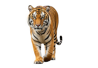 Majestic tiger walking forward fierce eyes striking orange black stripes powerful predator transparent background