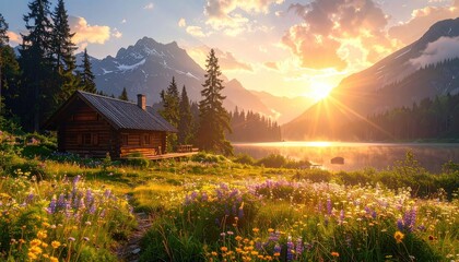 Serene Alpine Lake Sunrise with Rustic Cabin and Wildflower Meadow in Rocky Mountains