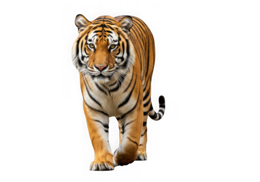 Majestic tiger walking forward fierce eyes striking orange black stripes powerful predator transparent background - Powered by Adobe