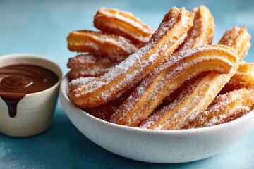Crispy churros with chocolate dipping sauce.