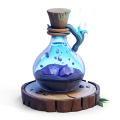 A magical fantasy potion in a glass bottle with blue liquid and crystals, sitting on a wooden coaster.
