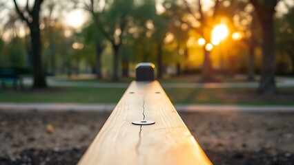 fulcrum. Wooden seesaw in a peaceful park at golden hour, showing perfect equilibrium. event key visuals, club posters, designed for sports event promotions and stadium branding.