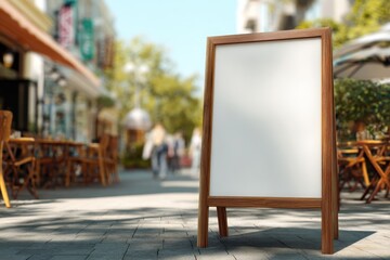 Blank white wooden menu stand mockup standing on the street sidewalk in front of an outdoor cafe shop. Mock-up template poster sign. Outside billboard for advertising, branding. Signage Sandwich board