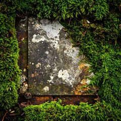 A weathered stone embedded in lush green moss