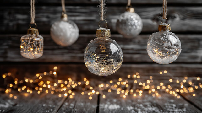 Christmas tree clear ball ornaments hanging on rustic twine with warm LED lights, bokeh effect, festive holiday background