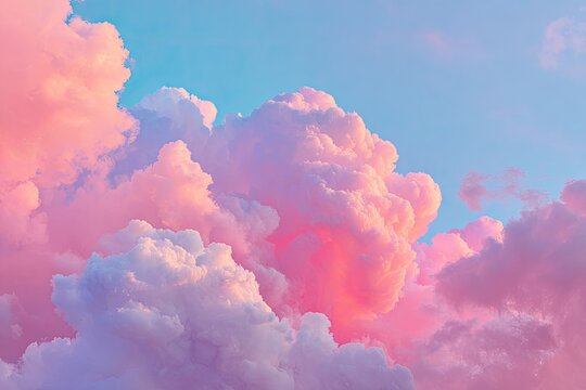 Dreamy pastel sky filled with fluffy pink, purple, and white clouds