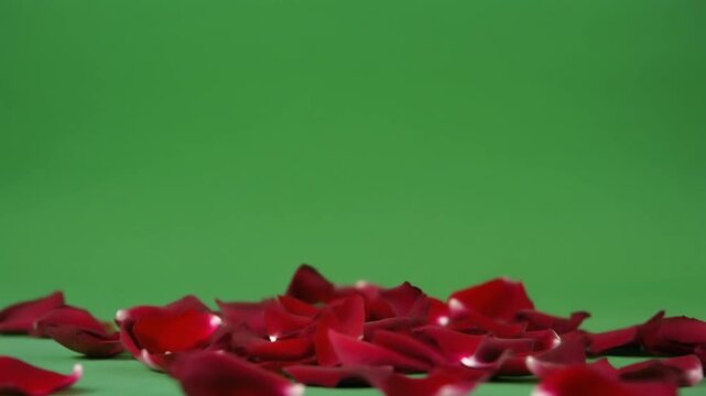 A beautiful pile of vibrant red rose petals lying on a solid green background, perfect for romantic or Valentine's Day concepts