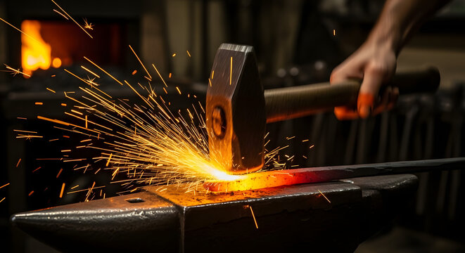 Blacksmith at work forging metal with sparks flying, A blacksmith hammering metal on an anvil with a fiery furnace in the background