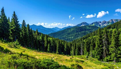 Lush green forest with rolling hills and distant blue mountains under a clear summer sky with bright sunlight illuminating the vibrant landscape