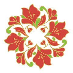 Circular Floral Mandala Red Flowers with Green Leaves and Yellow Accents