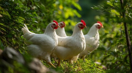 Fototapeta premium Several plump white poultry birds forage among dense green foliage outdoors