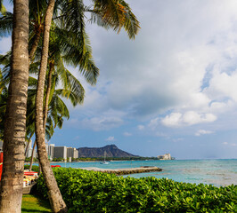 View of The Waikiki Beach Shoreline With Diamondhead in The Distance, Oahu, Hawaii, USA