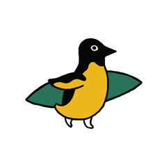Cute penguin carrying a surfboard cartoon illustration