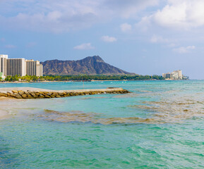 View of The Waikiki Beach Shoreline With Diamondhead in The Distance, Oahu, Hawaii, USA