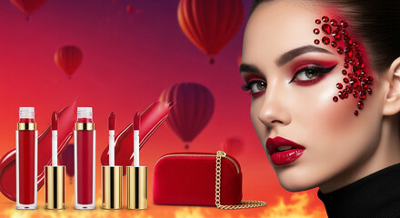 A dazzling beauty statement. Silver and black eye details. Bold and beautiful. The essence of true beauty. Premium cosmetic selections. Radiant and fresh appearance. Expertly applied makeup.