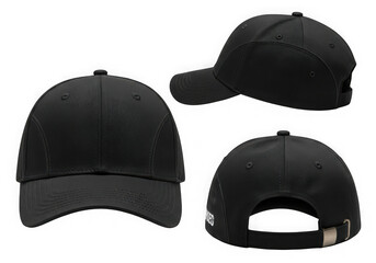Three black baseball caps shown from multiple angles versatile headwear fashion accessory transparent background