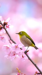 A small bird perched on a branch surrounded by pink blossoms