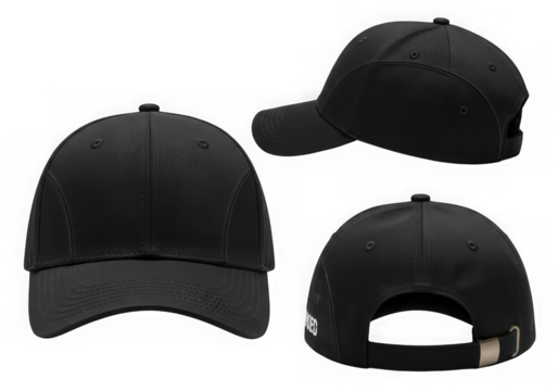 Three black baseball caps shown from multiple angles versatile headwear fashion accessory transparent background