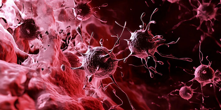 Virus Attack on Red Blood Cells – Medical Illustration, Destruction of Blood Cells by Pathogens – 3D Render, Viral Infection in the Bloodstream – Digital Art