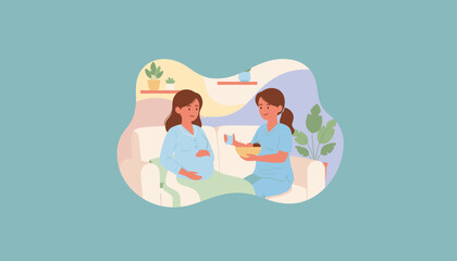 Nurse caring for a pregnant woman offering healthy fruit and hydration support