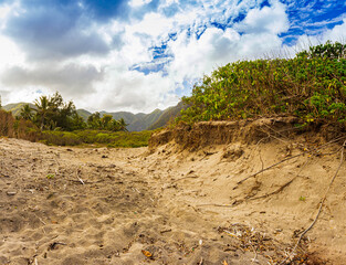 The Sand Dunes of Kawilli Beach and Volcanic Mountains of Halawa Valley, Halawa Beach Park, Molokai, Hawaii, USA