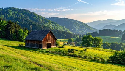 Rustic Wooden Barn Nestled in Lush Green Rolling Hills Under a Bright Blue Sky with Golden Hour Sunlight