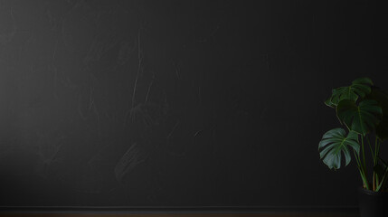 dark concrete wall texture background with monstera leaves, natural pattern