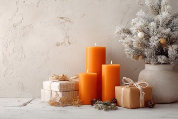 Festive composition scene with orange candles, Christmas decorations, and gift boxes on an empty orange wall background. Numerous candles and gifts on the floor. minimalist style with bright colors.