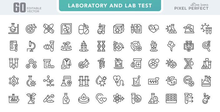 Laboratory and lab test line icon set. Experiment, test tube, microscope, flask, chemical, research, flask, chemical, biology outline icons. Editable stroke design
