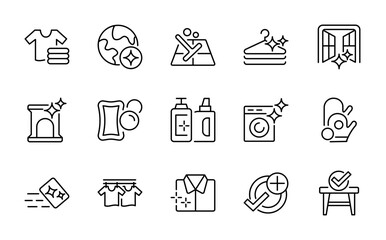 Home Cleaning Outline Icons. Sanitation, household equipment, and hygiene products thin line vector collection for domestic, commercial, and maid service