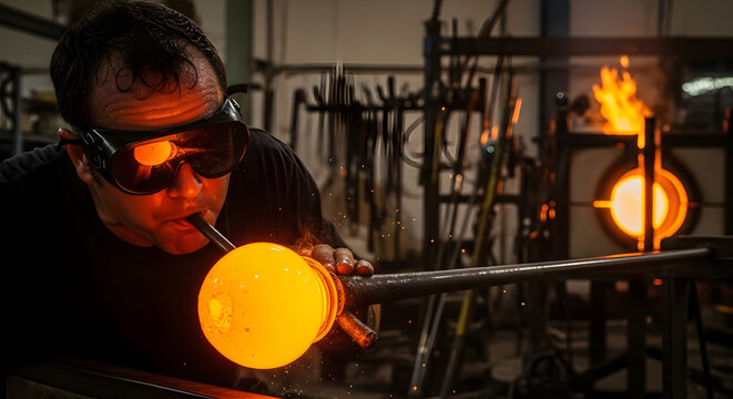 Glassblower shaping molten glass with a pipe, creating a unique piece of art with fire and breath, Skilled artisan at work, demonstrating the art of glassblowing in a traditional workshop