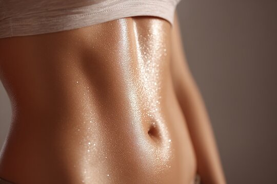 Close-up of woman toned stomach torso and belly button with golden shimmer body oil glowing skin