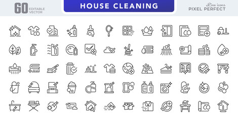 House cleaning line icon set. washing, vacuum cleaner, detergent, cleaning, brush, cleaning spray, bucket line icon set. Editable stroke