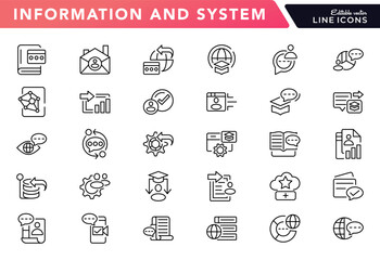 Information and System line icon set. Connection, communication, internet, router, signal, wireless technology, IT, and network vector outline icons design. UI thin line icon pack.
