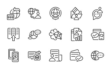 Information and System Line Icon Set. Connection, communication, internet, router, signal, and wireless technology outline vector pack for IT and network design