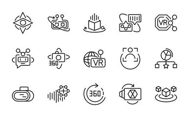 AI and VR Technology line icon set. Robot, headset, data, neural chip, and smart technology outline vector line icon set. UI thin line icon pack.