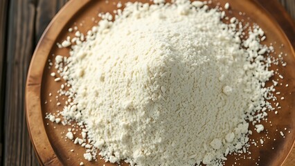 emmer. Coarsely ground emmer flour on a rustic wooden board, textured surface. menu design, packaging mockups, designed for food delivery and cloud-kitchen brand materials.