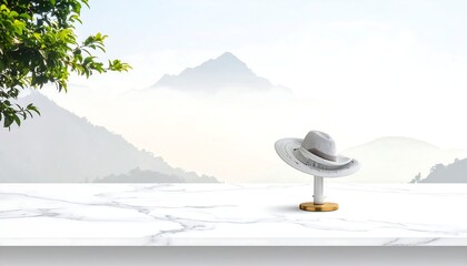 A white hat displayed on a stand atop a marble surface with mountains behind