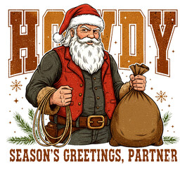 Howdy, Partner: Cowboy Santa with Lasso and Sack Full of Presents - Seasons Greetings Western  T-Shirt, Vector Illustration