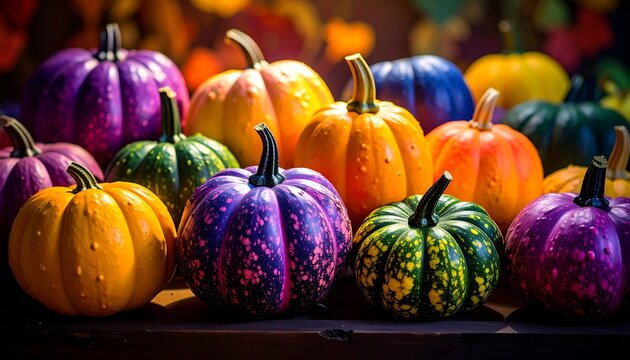 Assortment of vibrant, multicolored pumpkins in warm, natural light
