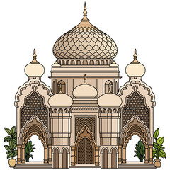 Cartoon colorful illustration of Islamic architecture with domes, arches, and arabesque ornaments, representing tradition, culture, and spirituality