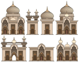 Set of stylized ancient Middle Eastern buildings in paper cut style. Perfect for games, travel guides, architecture projects, or historical infographics. Hand drawn vector illustration