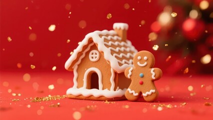 Obraz premium A Christmas gingerbread house and gingerbread man are placed in the snow and red background, matched with Christmas decorations, creating a sweet and warm festive atmosphere.