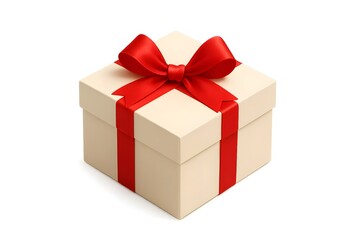 Obraz premium Elegant cream gift box with red satin ribbon and bow, isolated on white festive present packaging for holiday, birthday, and celebration themes, clean studio style.