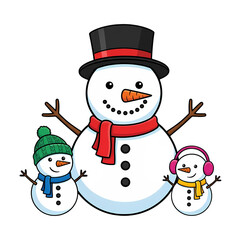 Joyful snowman family celebrates winter holiday fun together