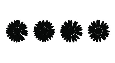 Four black flower silhouettes isolated on white background, top view