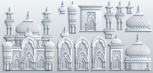 Set of stylized ancient Middle Eastern buildings in paper cut style. Perfect for games, travel guides, architecture projects, or historical infographics. Hand drawn vector illustration