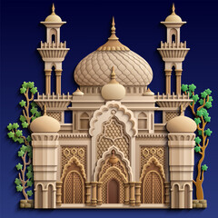 Cartoon colorful illustration of Islamic architecture with domes, arches, and arabesque ornaments, representing tradition, culture, and spirituality